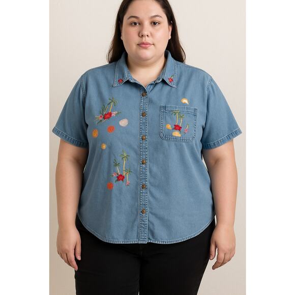 Vintage Cabin Creek Denim Shirt XL Embroidered Palm Trees Seashells Womens Y2K - Picture 1 of 12